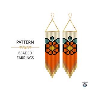 Puede incluir: Pendientes de cuentas con diseño floral. Los pendientes son rectangulares con un gancho dorado y un patrón geométrico en naranja, negro, verde azulado y amarillo. La sección superior es de color crema.