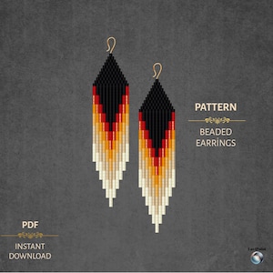 May include: Two beaded earrings in black, red, orange, and cream. The earrings feature a triangular top and a fringed bottom. The image also includes the text "Pattern" and "Beaded Earrings."