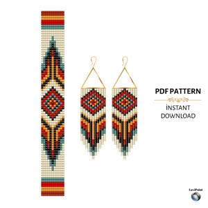 May include: A beaded pattern design featuring a long, rectangular strip and a pair of earrings. The design incorporates a geometric pattern with red, orange, teal, and cream colours. The earrings have gold-coloured hooks. The text "PDF PATTERN" and "INSTANT DOWNLOAD" is also visible.
