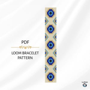 May include: A PDF loom bracelet pattern featuring a repeating design of blue and black eye-shaped motifs on a cream background. The text "PDF" and "LOOM BRACELET PATTERN" are displayed in black. The design is a digital craft project.