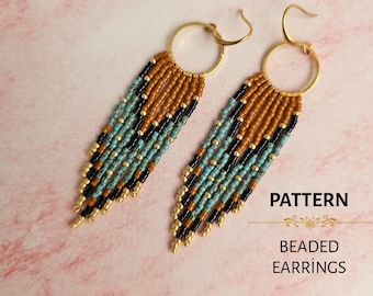 Gold Turquoise  Fringe Beaded Earrings PDF Pattern -  Miyuki Delica 11/0 Beadwork