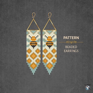 May include: Patterned beaded earrings with a bee design. The earrings feature a gold-colored hook and a rectangular body with a bee motif in black, yellow, and white. The text "PATTERN" and "BEADED EARRINGS" are also visible.