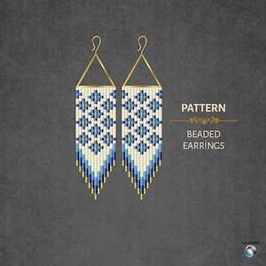 May include: Pattern for beaded earrings. The earrings feature a geometric design in white, blue, and gold. The earrings have a gold-colored hook and a triangular top. The text "PATTERN" and "BEADED EARRINGS" is visible.