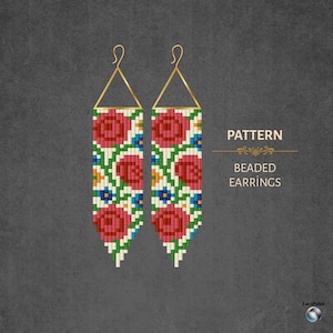 May include: A pair of beaded earrings with a floral pattern. The earrings feature a rectangular design with red roses, green leaves, and blue and yellow accents on a white background. Gold-colored triangle and hook closures complete the design. The text "PATTERN BEADED EARRINGS" is also visible.