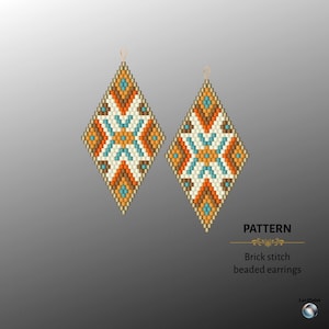 May include: Pair of diamond-shaped beaded earrings in a brick stitch pattern. The earrings feature a geometric design with orange, turquoise, cream, and brown beads. Gold-colored ear wires are attached at the top. The image includes the text "PATTERN" and "Brick stitch beaded earrings."