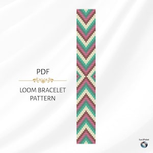 May include: A PDF loom bracelet pattern with a geometric design. The pattern features a series of chevron shapes in teal, cream, pink, and brown. The text "PDF" and "LOOM BRACELET PATTERN" are displayed in black.