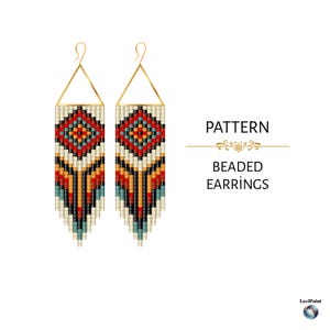 May include: A pair of beaded earrings with a geometric pattern in red, orange, black, and teal. The earrings have a gold-colored triangular top and a long, rectangular beaded design. The text "PATTERN BEADED EARRINGS" is displayed on the right side.