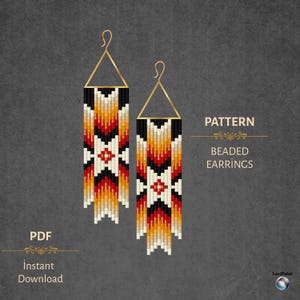 Può includere: Un paio di orecchini di perline con un motivo geometrico nei colori nero, rosso, arancione e crema. Gli orecchini hanno la parte superiore triangolare dorata. L'immagine include il testo "PATTERN", "BEADED EARRINGS" e "PDF Instant Download".