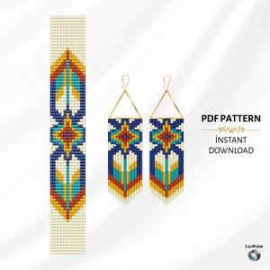 May include: A digital PDF pattern for beaded earrings and a matching bookmark. The designs feature geometric patterns in shades of blue, teal, yellow, and red on a cream background. The earrings have gold-colored triangle hooks. The text "PDF Pattern" and "Instant Download" are visible.