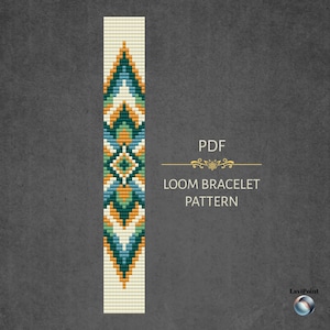 May include: A PDF loom bracelet pattern featuring a vertical geometric design with repeating diamond shapes in shades of teal, orange, and cream. The text reads PDF LOOM BRACELET PATTERN with a decorative flourish and the LaviPoint logo.