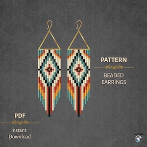 Puede incluir: Un par de pendientes de cuentas con un patrón geométrico en turquesa, naranja, rojo, negro y blanco. Los pendientes tienen la parte superior triangular dorada y están etiquetados como "PATTERN BEADED EARRINGS" y "PDF Instant Download".