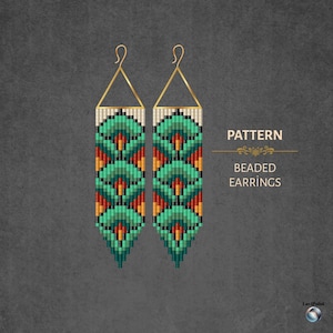 Könnte beinhalten: Zwei Perlenohrringe mit einem geometrischen Muster in Türkis, Orange und Schwarz. Die Ohrringe haben goldfarbene Haken und dreieckige Akzente. Der Text "PATTERN" und "BEADED EARRINGS" ist auf der rechten Seite zu sehen.