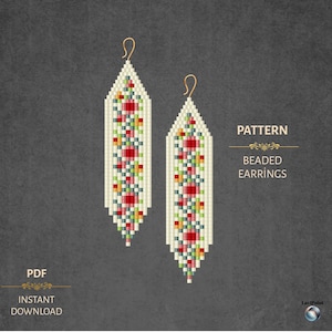 Puede incluir: Dos pendientes de cuentas con un fondo crema y un patrón geométrico de cuentas rojas, verdes, amarillas y azules. Los pendientes tienen ganchos dorados y están etiquetados como "PATTERN" y "BEADED EARRINGS". La imagen también incluye el texto "PDF" y "INSTANT DOWNLOAD".
