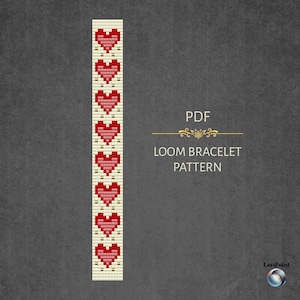 May include: A PDF loom bracelet pattern featuring a repeating design of red pixelated hearts on a cream background. The text "PDF LOOM BRACELET PATTERN" is displayed in the image. The pattern is a digital download.