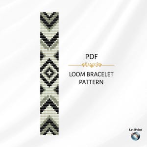 May include: A loom bracelet pattern in PDF format. The design features a geometric pattern in black, white, and gray. The text "LOOM BRACELET PATTERN" is displayed below the word "PDF".
