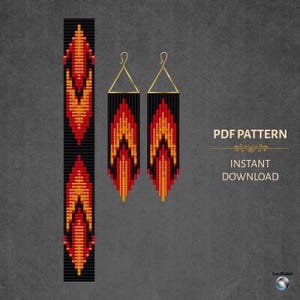 May include: A black beaded bracelet and a pair of earrings with a flame design in red, orange, and yellow. The earrings have gold-colored triangle-shaped hooks. The image also includes the text "PDF PATTERN" and "INSTANT DOWNLOAD".