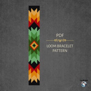 May include: A loom bracelet pattern in PDF format. The design features geometric shapes in black, orange, red, green, and yellow. The text "LOOM BRACELET PATTERN" is displayed below the PDF text.