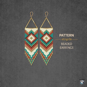May include: Pattern for beaded earrings. The earrings feature a geometric design with a central diamond shape in teal, red, and cream colors. The earrings have gold-colored hooks and a triangular top. The text "PATTERN" and "BEADED EARRINGS" are visible.
