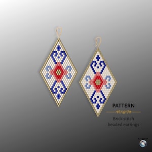 May include: Pair of diamond-shaped beaded earrings with a cream background, featuring a central red and blue floral design. The earrings have gold-colored edges and gold-colored ear wires. The text "PATTERN" and "Brick stitch beaded earrings" is visible.