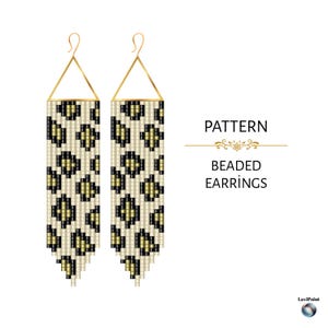 May include: Two beaded earrings with a cream background and a black and gold leopard print pattern. The earrings have gold-coloured triangle tops and are labelled "PATTERN BEADED EARRINGS".