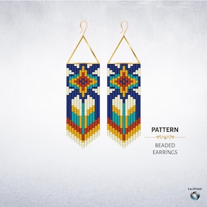 May include: Two beaded earrings with a geometric design. They have gold-coloured hooks and a rectangular shape with a blue backdrop and colourful accents of yellow, orange, and turquoise. The text "PATTERN BEADED EARRINGS" is visible.