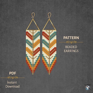 Puede incluir: Un patrón para pendientes de cuentas. Los pendientes tienen un diseño geométrico con una parte superior triangular dorada y un patrón de chevrón colorido en tonos de rojo, turquesa, amarillo y blanco. Se muestra el texto "PATTERN" y "BEADED EARRINGS".