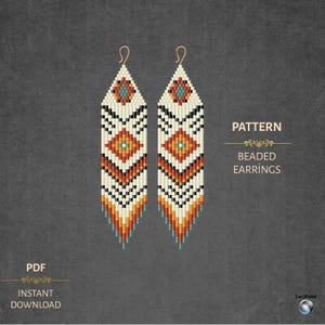 May include: A pair of beaded earrings with a geometric design in cream, black, orange, and turquoise. The earrings are long and rectangular, with gold-coloured hooks. The image includes the text "PATTERN" and "BEADED EARRINGS".