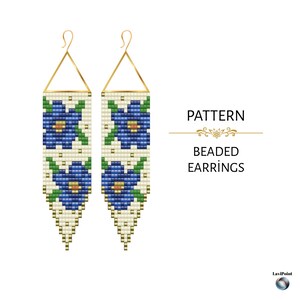 May include: Pattern for beaded earrings. The earrings feature a rectangular design with a cream background and blue floral patterns. The earrings have gold-colored triangle tops and hooks. The text "PATTERN BEADED EARRINGS" is displayed on the right side.