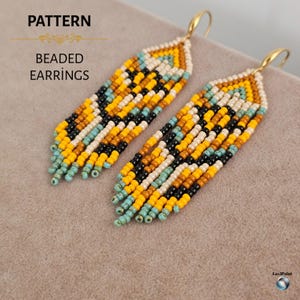 以下が含まれることがあります： 幾何学模様のビーズイヤリングのペア。イヤリングは、黄色、黒、茶色、クリーム色、ターコイズ色のビーズを使用しています。「PATTERN」と「BEADED EARRINGS」の文字が画像に表示されています。