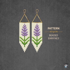 May include: Two beaded earrings featuring a lavender flower design. The earrings have a cream background, a purple flower, and green leaves. They have gold-coloured triangle tops and the text "PATTERN BEADED EARRINGS".