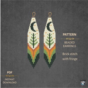 May include: A pair of long beaded earrings featuring a brick stitch pattern with fringe. The design displays a black crescent moon above a green pine tree, with horizontal bands of orange, yellow, and dark green beads. Text reads PATTERN BEADED EARRINGS Brick stitch with fringe PDF INSTANT DOWNLOAD.