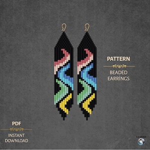 May include: Two beaded earrings with a black background and a colorful zigzag pattern in pink, blue, green, and yellow. The earrings have gold-colored hooks. The image also includes the text "PATTERN" and "BEADED EARRINGS".