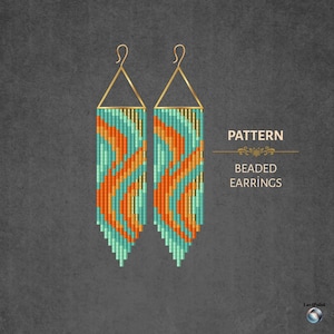 May include: A pair of beaded earrings with a geometric pattern. The earrings feature a teal, orange, and gold color scheme. The text "PATTERN" and "BEADED EARRINGS" is displayed on the right side of the image.