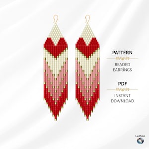 May include: A pair of beaded earrings with a heart design. The earrings feature a pattern of red, pink, and cream-colored beads, with gold-colored accents. The text "PATTERN", "BEADED EARRINGS", "PDF", and "INSTANT DOWNLOAD" is visible.