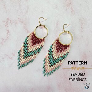 May include: A pair of beaded earrings with gold-colored hoops and fringe. The fringe features a pattern of pink, cream, teal, and burgundy beads. The word "PATTERN" and "BEADED EARRINGS" are printed on the image.