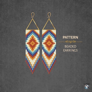 Peut inclure: Deux boucles d'oreilles perlées avec un motif géométrique aux tons orange, bleu et blanc. Les boucles d'oreilles ont des crochets dorés et une forme rectangulaire avec un motif en losange. Le texte "PATTERN BEADED EARRINGS" est affiché.