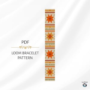 May include: A loom bracelet pattern in PDF format. The design features a repeating pattern of orange starbursts and geometric shapes on a beige background, with accents of green and orange. The text "LOOM BRACELET PATTERN" is displayed.