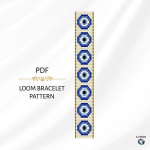Puede incluir: Un patrón de pulsera de telar PDF con un diseño repetido de cuentas de ojo azul y negro sobre un fondo crema. El texto "PDF" y "LOOM BRACELET PATTERN" se muestra en negro. El diseño es vertical.