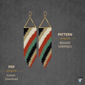 May include: A pair of beaded earrings with a geometric pattern. The earrings feature a gold triangle top and a rectangular body with stripes of black, white, gold, red, and green. The image also includes the text "Pattern" and "Beaded Earrings".