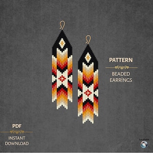 May include: A pair of beaded earrings with a geometric pattern in black, white, red, and yellow. The earrings have a long, rectangular shape with gold-colored hooks. The image also includes the text "PATTERN" and "BEADED EARRINGS".