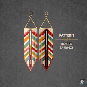 May include: A pair of beaded earrings with a geometric pattern in red, orange, teal, and white. The earrings have gold-colored triangle tops and a vertical design. The text "PATTERN" and "BEADED EARRINGS" is visible.