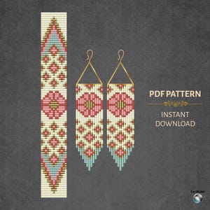 May include: A digital PDF pattern for beaded earrings and a matching bracelet. The designs feature a floral motif in pink, red, and blue on a cream background. The earrings have gold-colored hooks. The text "PDF PATTERN" and "INSTANT DOWNLOAD" are visible.