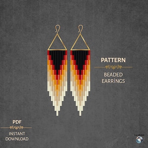 May include: A pair of beaded earrings with a geometric pattern. The earrings feature a black, red, orange, yellow, and white colour scheme. The text "PATTERN" and "BEADED EARRINGS" is displayed on the right side of the image. The earrings have gold-coloured hooks.