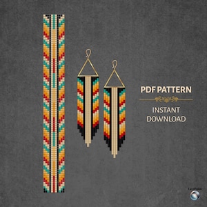 May include: A digital PDF pattern featuring a beaded bookmark and a pair of beaded earrings. The designs showcase a Native American-inspired pattern with black, tan, red, yellow, and turquoise beads. The earrings have gold-colored triangle hooks.