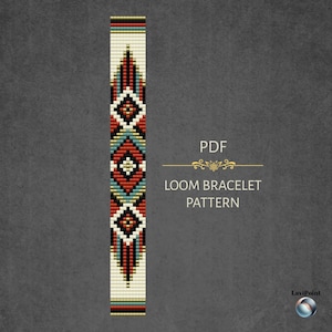 May include: A PDF loom bracelet pattern featuring a vertical strip of geometric beadwork in cream, black, red, and blue. The design displays repeating diamond shapes and horizontal stripes. The text reads PDF LOOM BRACELET PATTERN and LaviPoint.