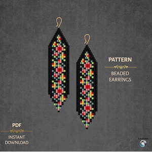 Könnte beinhalten: Zwei schwarze Perlenohrringe mit einem geometrischen Blumenmuster in Rot, Gelb, Grün und Rosa. Die Ohrringe haben goldfarbene Haken. Das Bild zeigt die Wörter "Pattern" und "Beaded Earrings" sowie "PDF Instant Download".