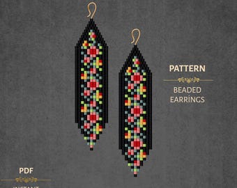 Beaded Floral Fringe Earrings Pattern PDF -  Miyuki Delica 11/0 Beadwork - Brick Stitch Top