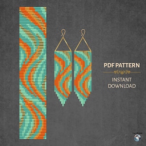 Puede incluir: Un patrón PDF digital para pendientes de cuentas y una pulsera. Los diseños presentan un patrón de ondas en turquesa, naranja y dorado. Los pendientes tienen la parte superior triangular dorada. También se ve el texto "PDF Pattern" e "Instant Download".