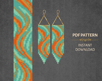 Abstract Wave Design Beaded Earrings & Bracelet Pattern Set, Loom Beading PDF, Instant Download