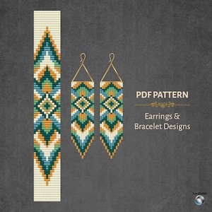 May include: A PDF pattern for earrings and bracelet designs featuring a geometric beadwork motif in shades of teal, orange, white, and dark green. The design includes a long rectangular strip and two triangular earrings with gold-toned hooks.
